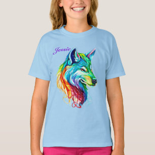 Personalise Name Colourful Wolf Girl's Cotton T-Shirt