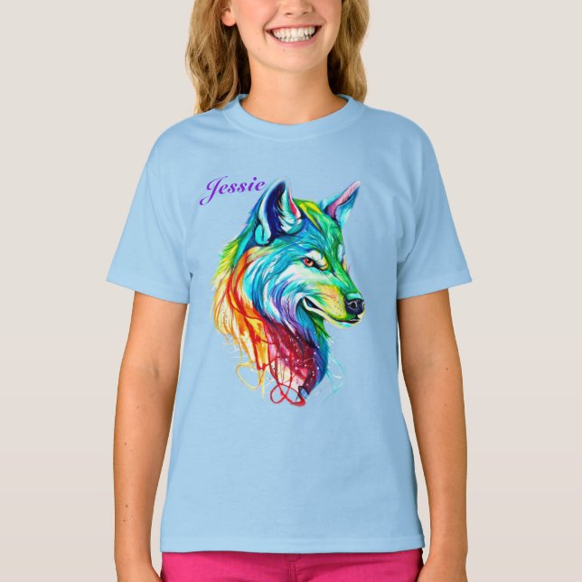 Personalise Name Colourful Wolf Girl's Cotton T-Shirt (Front)