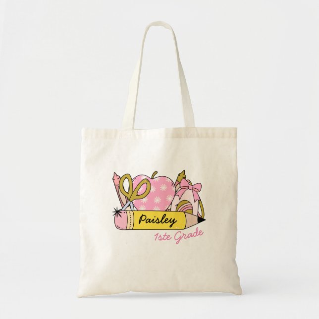 Personalise Name Cute Groovy Pencil Girls Tote Bag (Front)