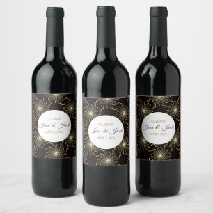 Personalise Name/Date Black & Gold Spiral Sun Wine Label