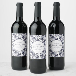 Personalise Name/Date Grey&White Watercolor Floral Wine Label