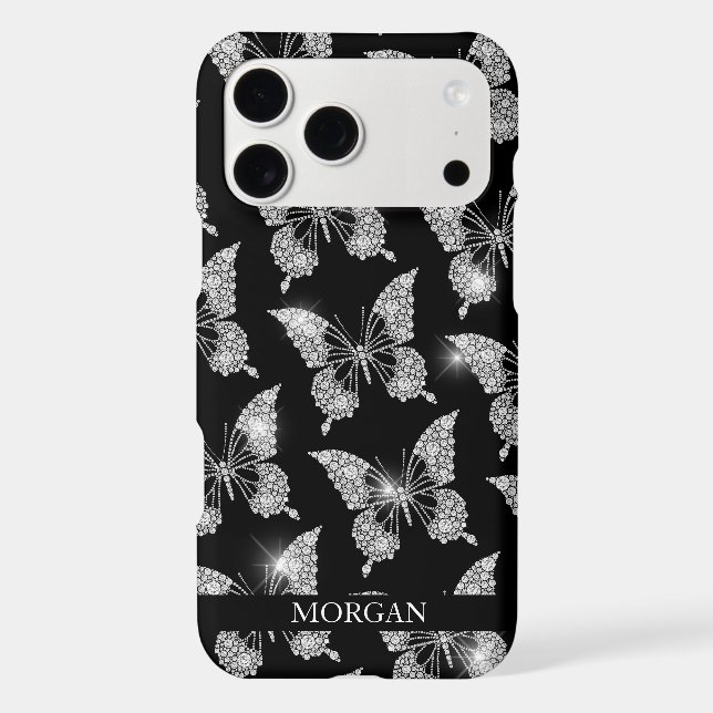 Personalise Name, Diamond Butterfly Pattern, Black (Back)