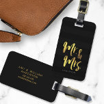Personalise Name Elegant Mr & Mrs Black Stripes Luggage Tag<br><div class="desc">Elegant personalised luggage tag featuring the word "Mr and Mrs" in faux gold foil brush script against modern black stripes pattern background. It makes great gifts for newly weds or wedding anniversaries. If you wish to make your name stand out better against the dark background, change the font colour to...</div>