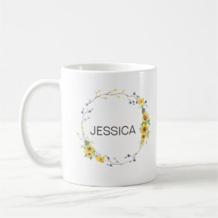 Personalise Name Elegant Sunflower Floral Wreath Coffee Mug