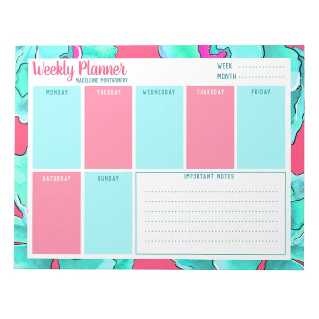 Personalise Name Fuchsia Floral Weekly Planner  Notepad (Front)