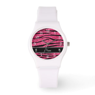 Personalise name fuchsia pink glitter zebra stripe watch