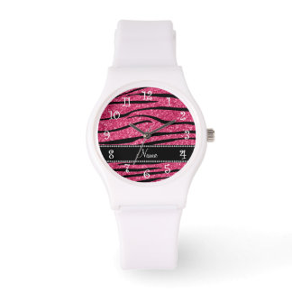 Personalise name fuchsia pink glitter zebra stripe watch