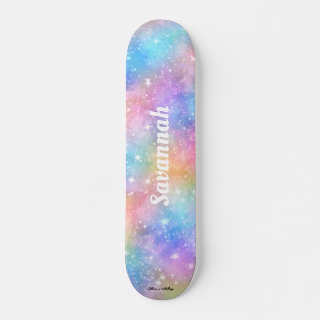 Personalise Name Galaxy Nebula Rainbow Gradient Skateboard (Front)