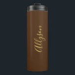 Personalise Name Gold Script Vertical, Chocolate Thermal Tumbler<br><div class="desc">Personalise your Name vertically In Gold Script Text on Chocolate background. Click “Edit Using Design Tool” to change colours and type styles.</div>