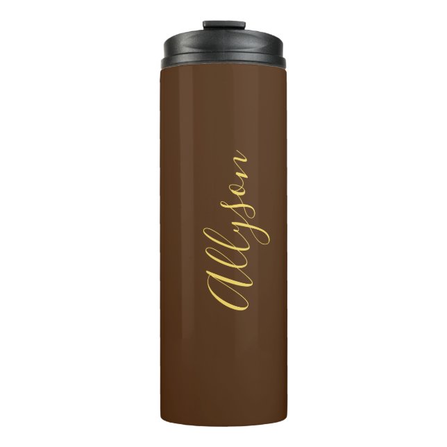 Personalise Name Gold Script Vertical, Chocolate Thermal Tumbler (Front)