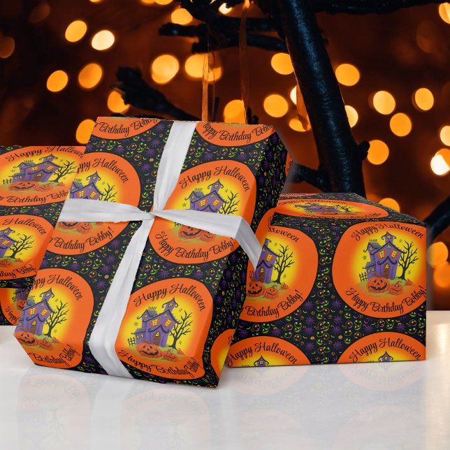 Personalise Name Halloween Pumpkin Haunted House  Wrapping Paper (Creator Uploaded)