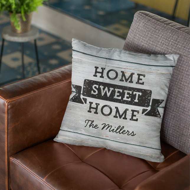 Personalise Name Home Sweet Home Pale Wood Rustic Cushion (Creator Uploaded)