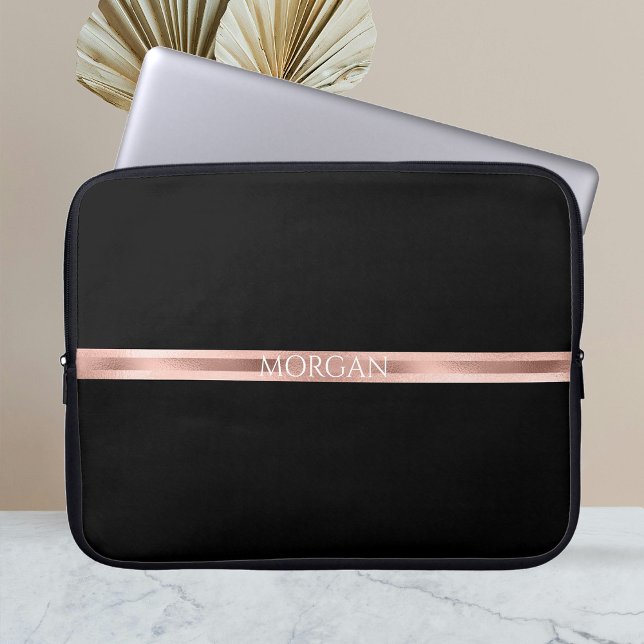 Personalise Name, Initials, Rose Gold Stripes, Blk Laptop Sleeve (Creator Uploaded)