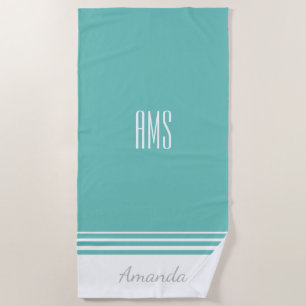 Personalise Name & Initials, Teal and White Beach Towel