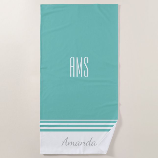 Personalise Name & Initials, Teal and White Beach Towel (Front)