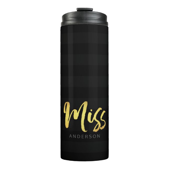 Personalise Name Miss Faux Gold and Black Stripes Thermal Tumbler (Front)
