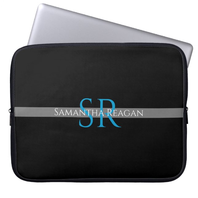 Personalise Name & Monogram Blue/White Grey Stripe Laptop Sleeve (Front)