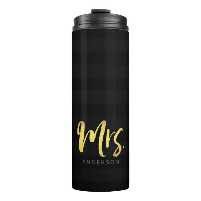 Personalise Name Mrs Faux Gold and Black Stripes Thermal Tumbler (Front)