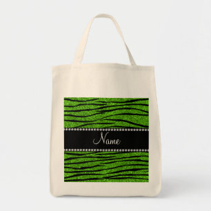 Personalise name neon green glitter zebra stripes tote bag