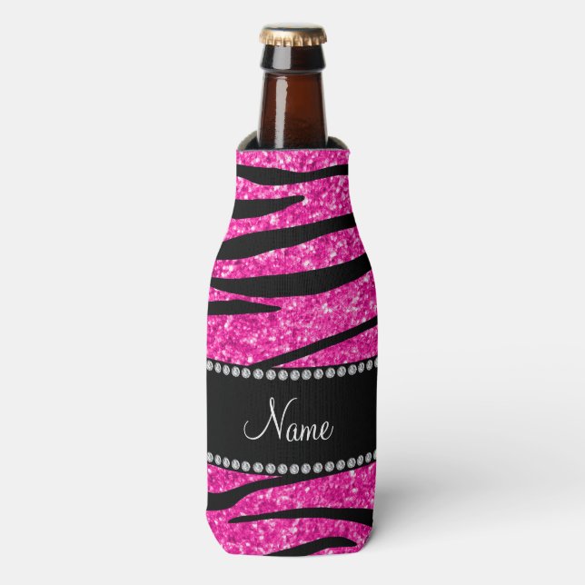 Personalise name neon hot pink glitter zebra bottle cooler (Bottle Front)