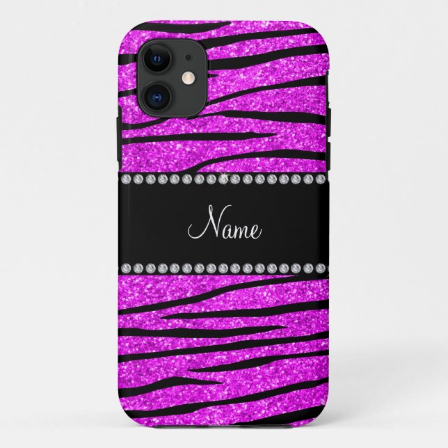 Personalise name neon pink glitter zebra stripes Case-Mate iPhone case (Back)