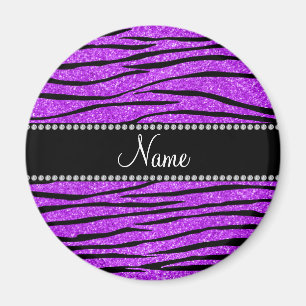 Personalise name neon purple glitter zebra stripes magnet