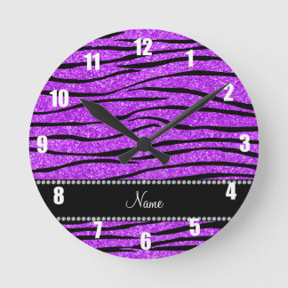 Personalise name neon purple glitter zebra stripes round clock