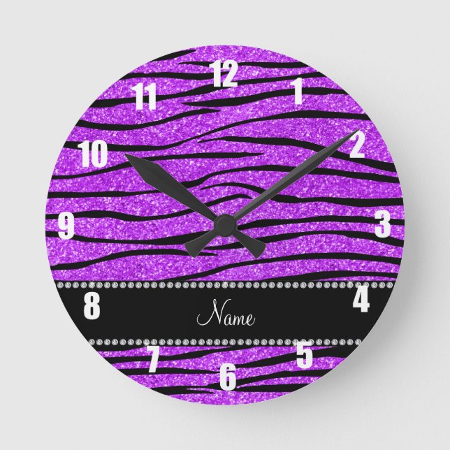 Personalise name neon purple glitter zebra stripes round clock (Front)