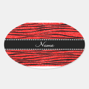 Personalise name neon red glitter zebra stripes oval sticker
