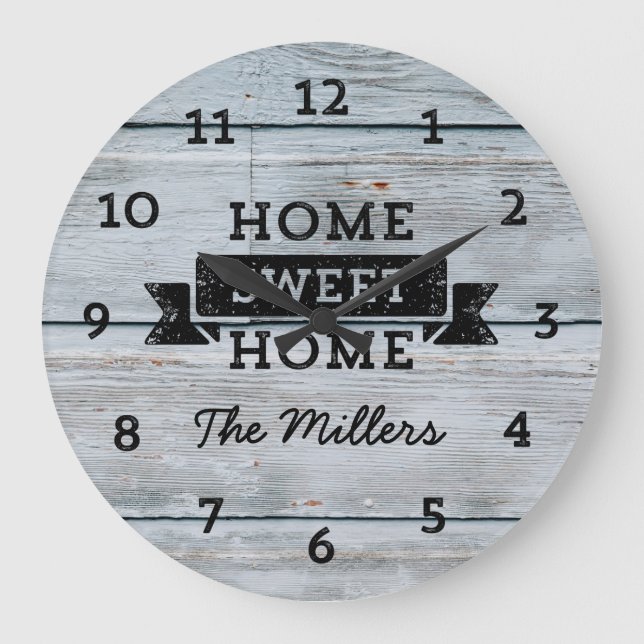 Personalise Name Pale Wood Rustic Home Sweet Home Large Clock (Front)