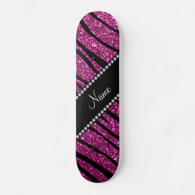Personalise name pink glitter zebra stripes skateboard (Front)
