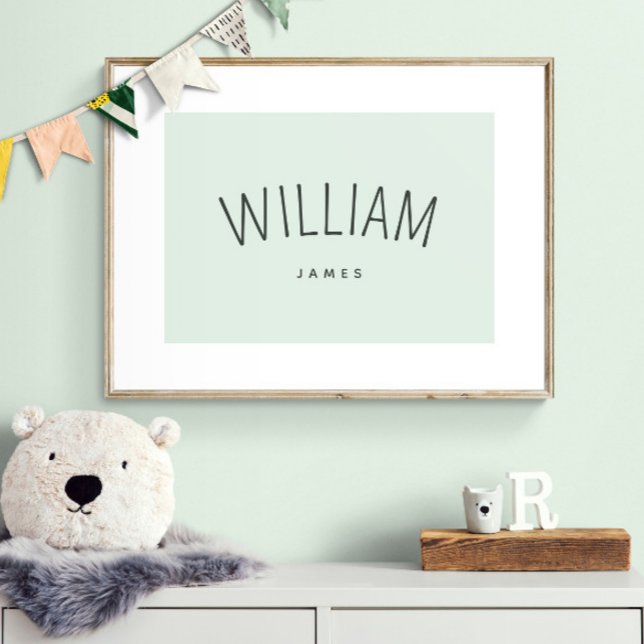 Personalise Name Playroom Decor Gender Neutral Boy (Shown framed. Print is designed with a border so it gives the illusion of a mat.)