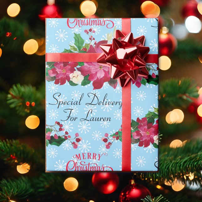 Personalise Name Poinsettia Snowflakes Christmas W Wrapping Paper (Creator Uploaded)