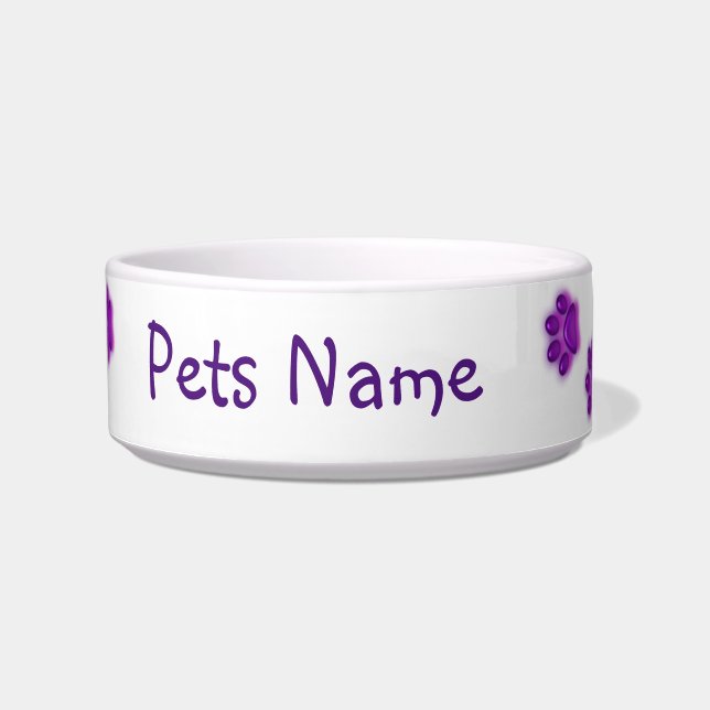 Personalise Name Purple Paws Ceramic Pet Bowl (Front)