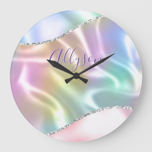 Personalise Name Purple Script, Iridescent Wave Large Clock (Front)