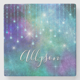 Personalise Name, Purple & Teal, Lights & Sparkle Stone Coaster
