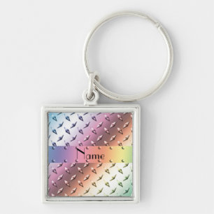 Personalise name rainbow diamond plate steel key ring