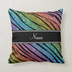Personalise name rainbow glitter zebra stripes cushion