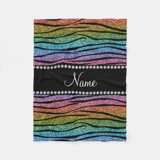 Personalise name rainbow glitter zebra stripes fleece blanket (Front)