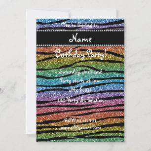 Personalise name rainbow glitter zebra stripes invitation