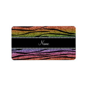 Personalise name rainbow glitter zebra stripes label