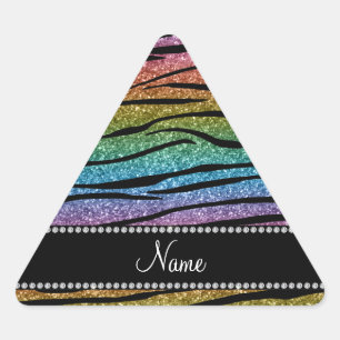 Personalise name rainbow glitter zebra stripes triangle sticker