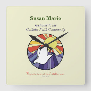 Personalise Name, RCIA Dove Circle on Yellow Square Wall Clock