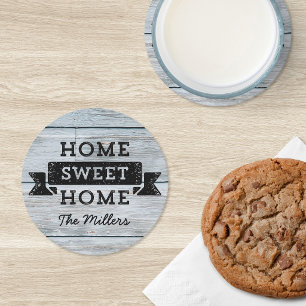 Personalise Name Rustic Home Sweet Home Pale Round Paper Coaster