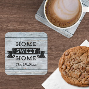 Personalise Name Rustic Home Sweet Home Pale Wood Square Paper Coaster