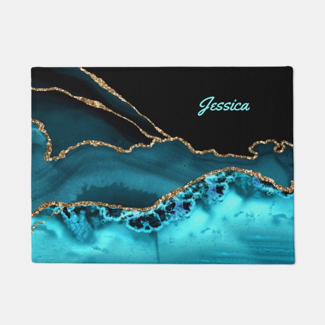Personalise Name Teal Script on Black/Teal Agate Doormat (Front)