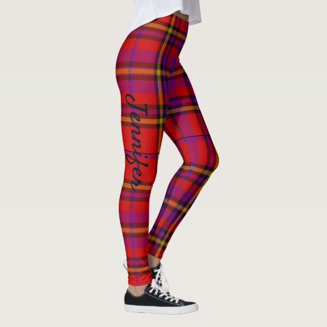 Personalise Name Text Red Tartan Plaid Leggings (Right)