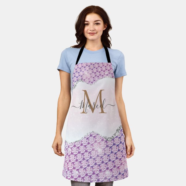 Personalise Name Trendy Pink Purple Silver Agate Apron (Worn)