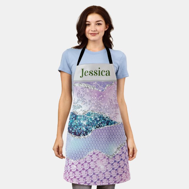 Personalise Name Trendy Pink Purple Silver Agate Apron (Worn)