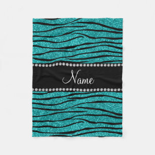 Personalise name turquoise glitter zebra stripes fleece blanket